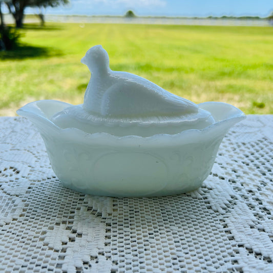 1890s EAPG Milk Glass Partridge Dish